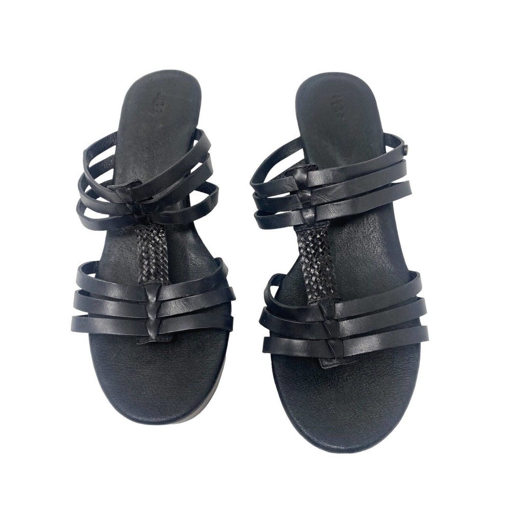 Ugg Leather Mattie Strappy Black Wooden Wedge Heels Sandals Slip‎ On Women's 11